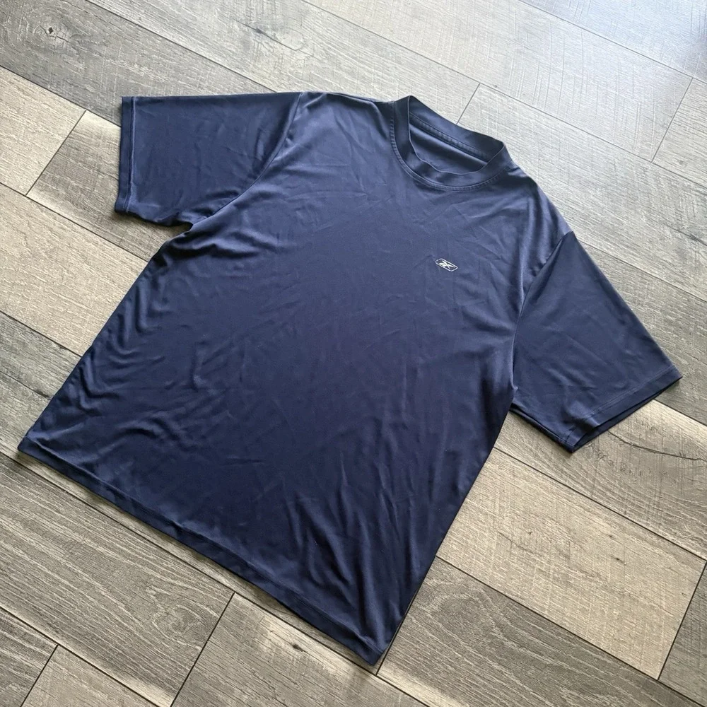 Vintage Reebok T-Shirt Mens XL Navy Blue Short Sleeve Athletic Workout Tee Y2K